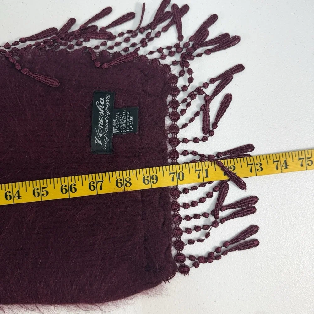 Vintage Venesha Angora Scarf Wrap Fringe Fuzzy Soft Burgundy Maroon Quiet Luxury